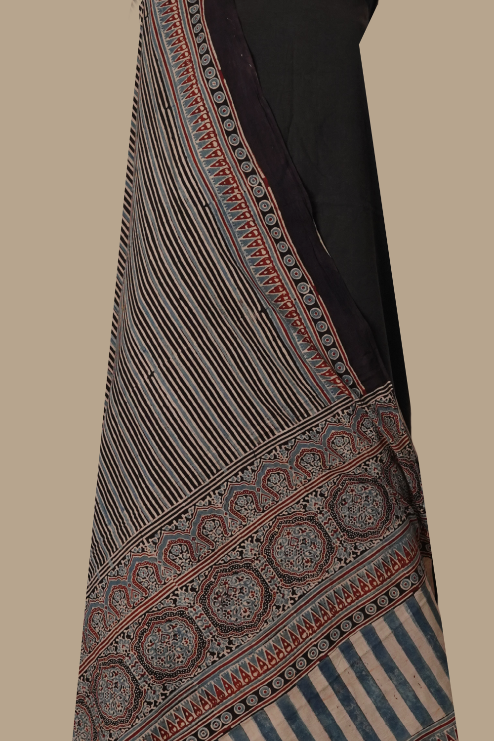 Lines on Black Ajrak Cotton Full Suit