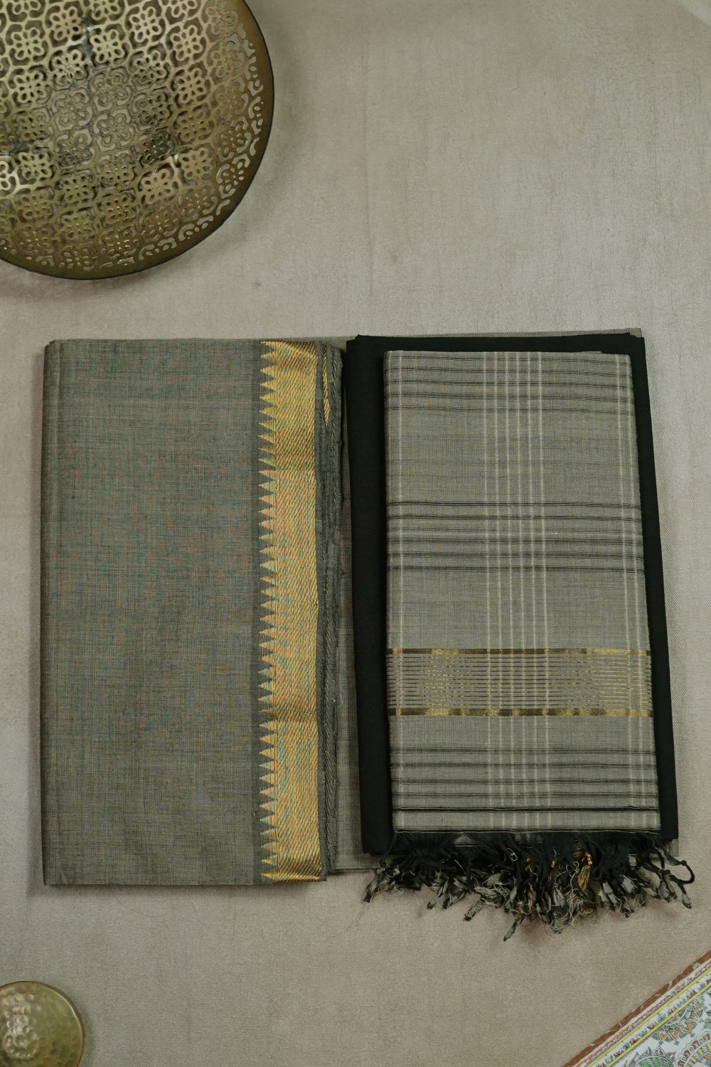 Yellowish Grey with Black Mangalagiri Cotton Suit