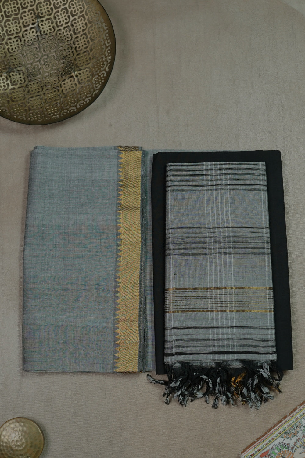 Grey with Black Mangalagiri Cotton Suit