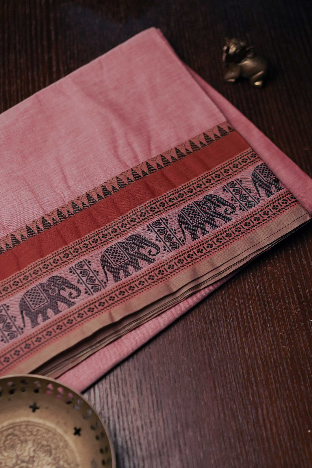 Creamy Pink with Elephant Border Kanchipuram Cotton saree