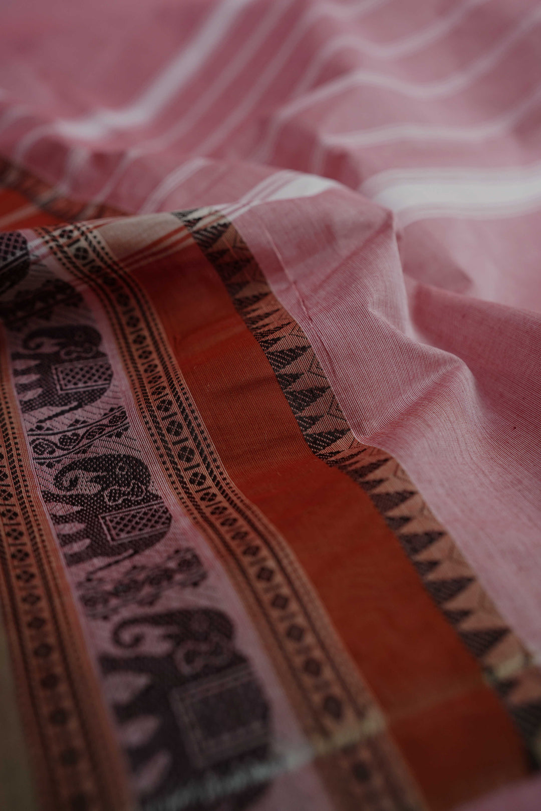 Creamy Pink with Elephant Border Kanchipuram Cotton saree