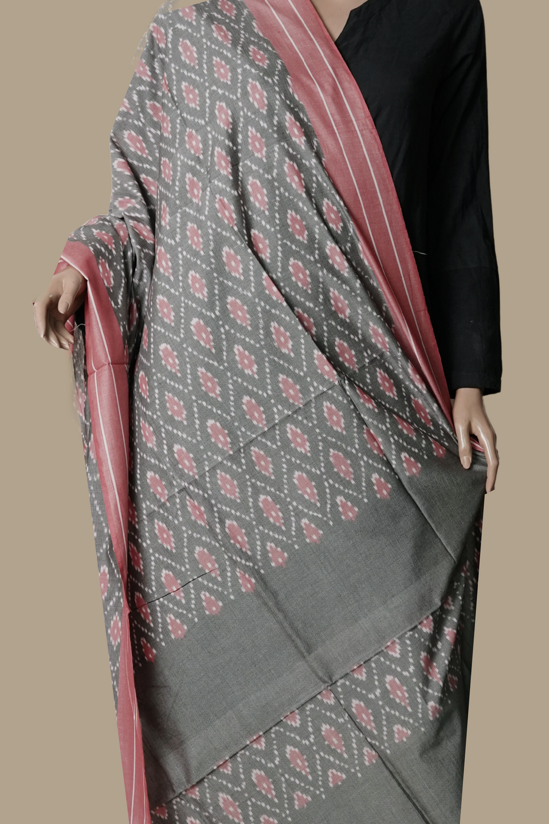 Grey with Pink Border Ikat Cotton Dupatta
