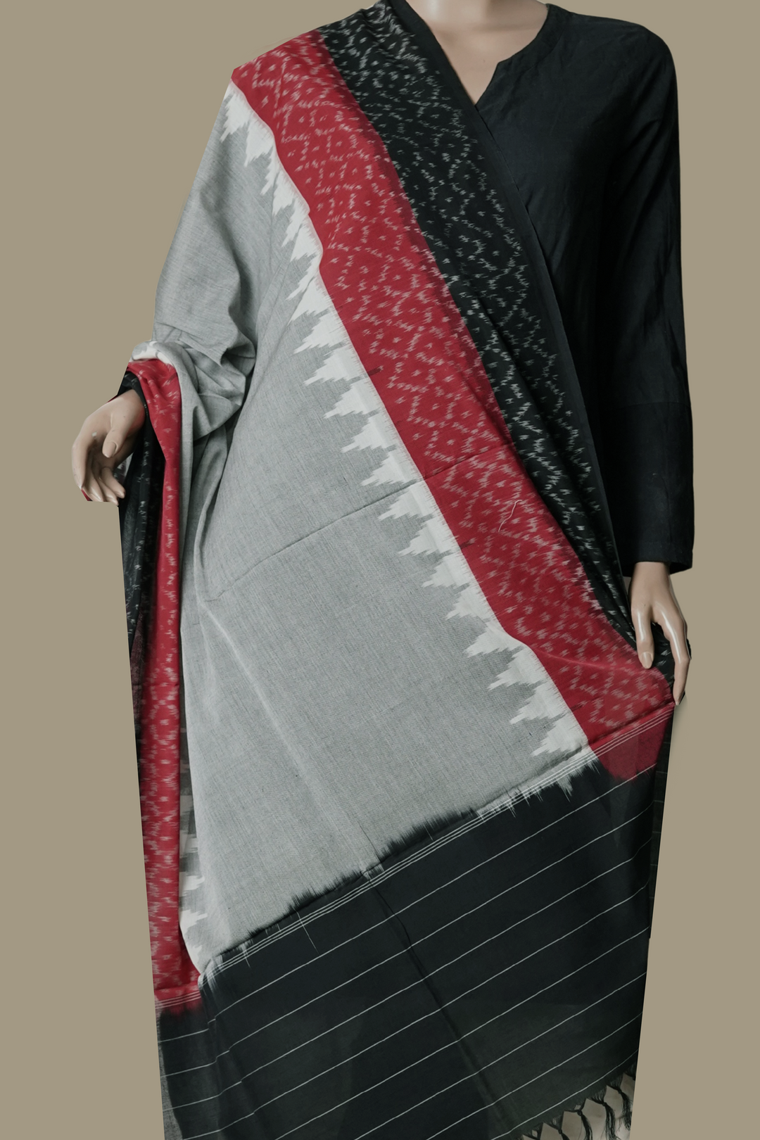 Grey with Double Color Border Ikat Cotton Dupatta