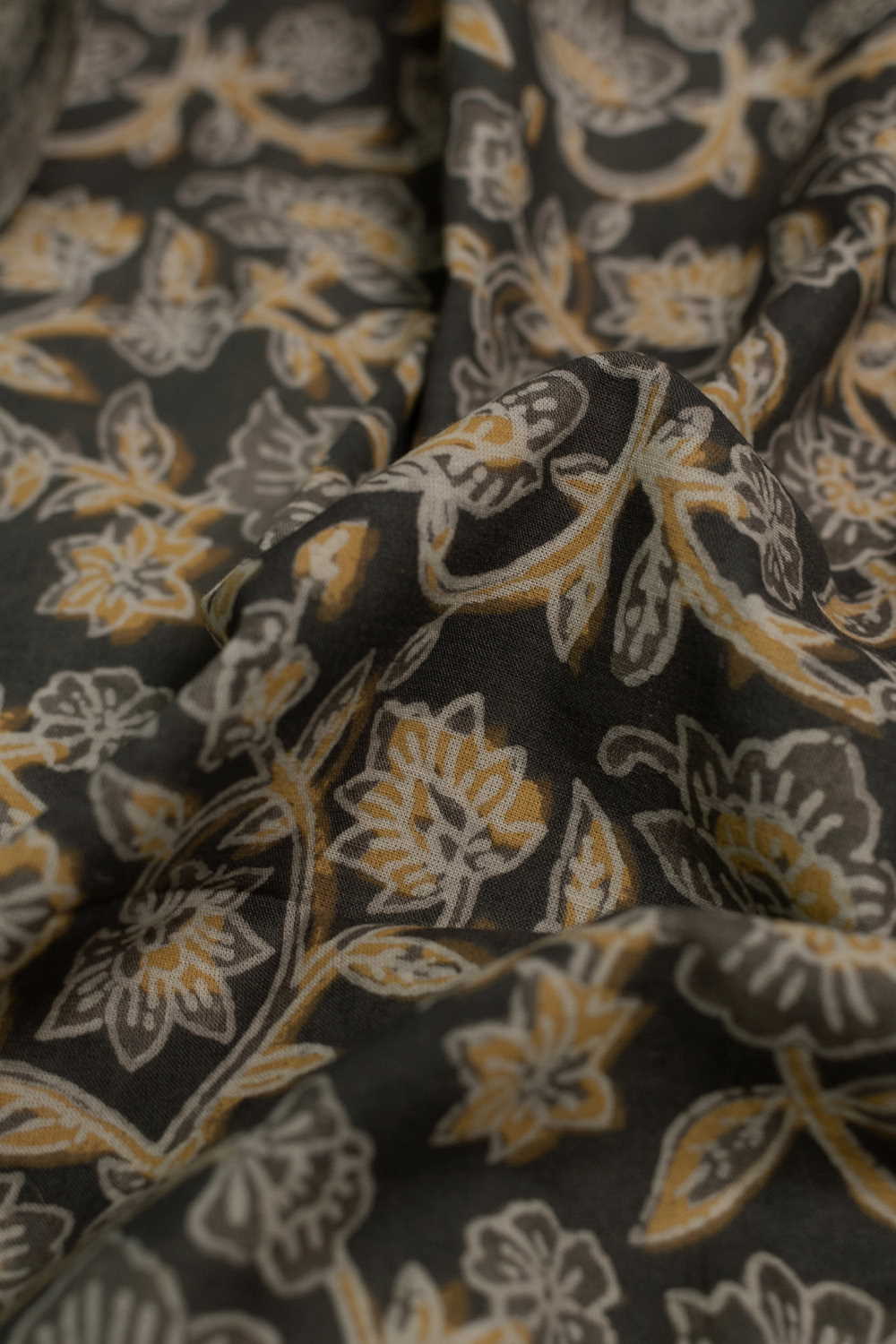 Yellow & Grey Floral Bagru Cotton Fabric-1.3m