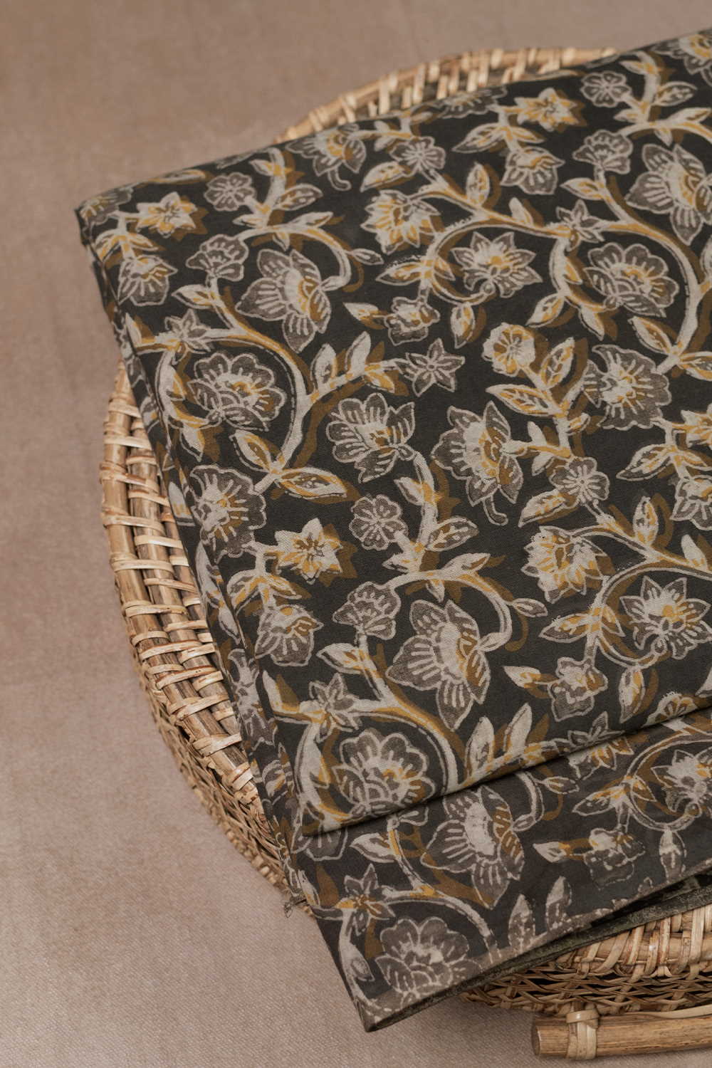 Yellow & Grey Floral Bagru Cotton Fabric-1.3m
