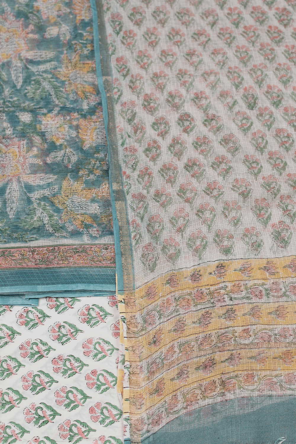 Blossoms on Green Block Printed Kota Cotton Suit