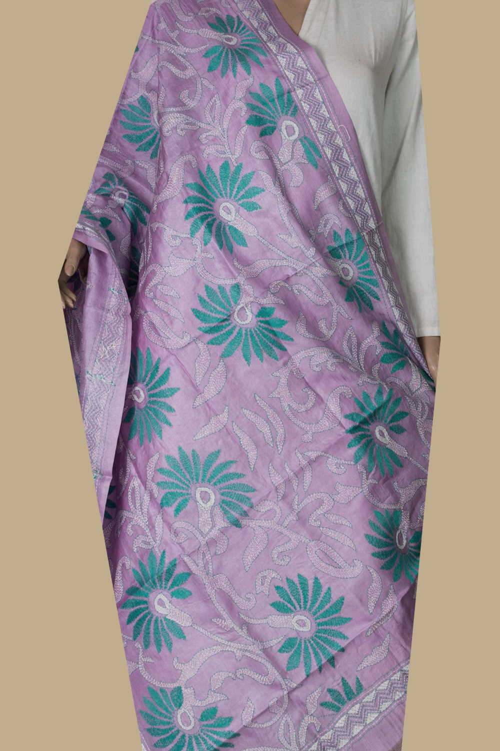 Lavender Purple with Floral Kantha Silk Dupatta