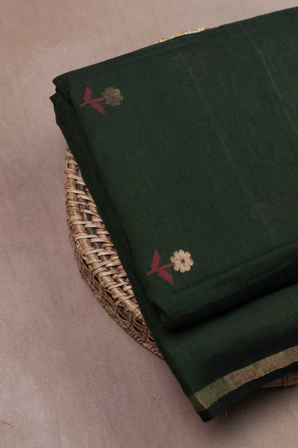 Zari Floral Butti on Green Jamdani Cotton Fabric
