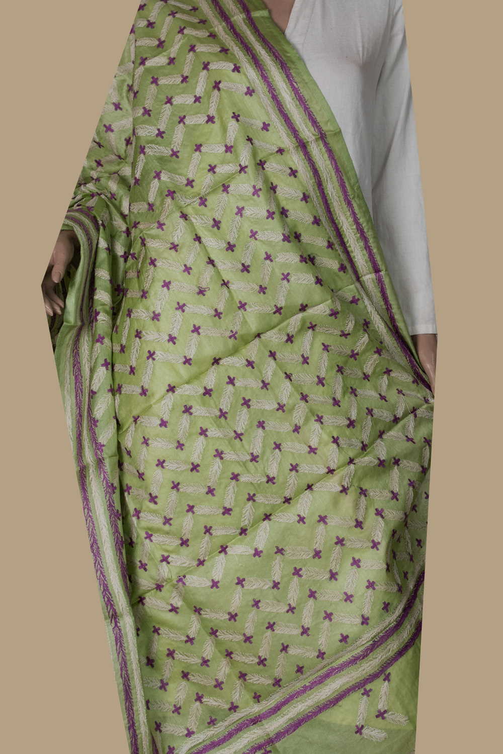 Pear Green Kantha Silk Dupatta