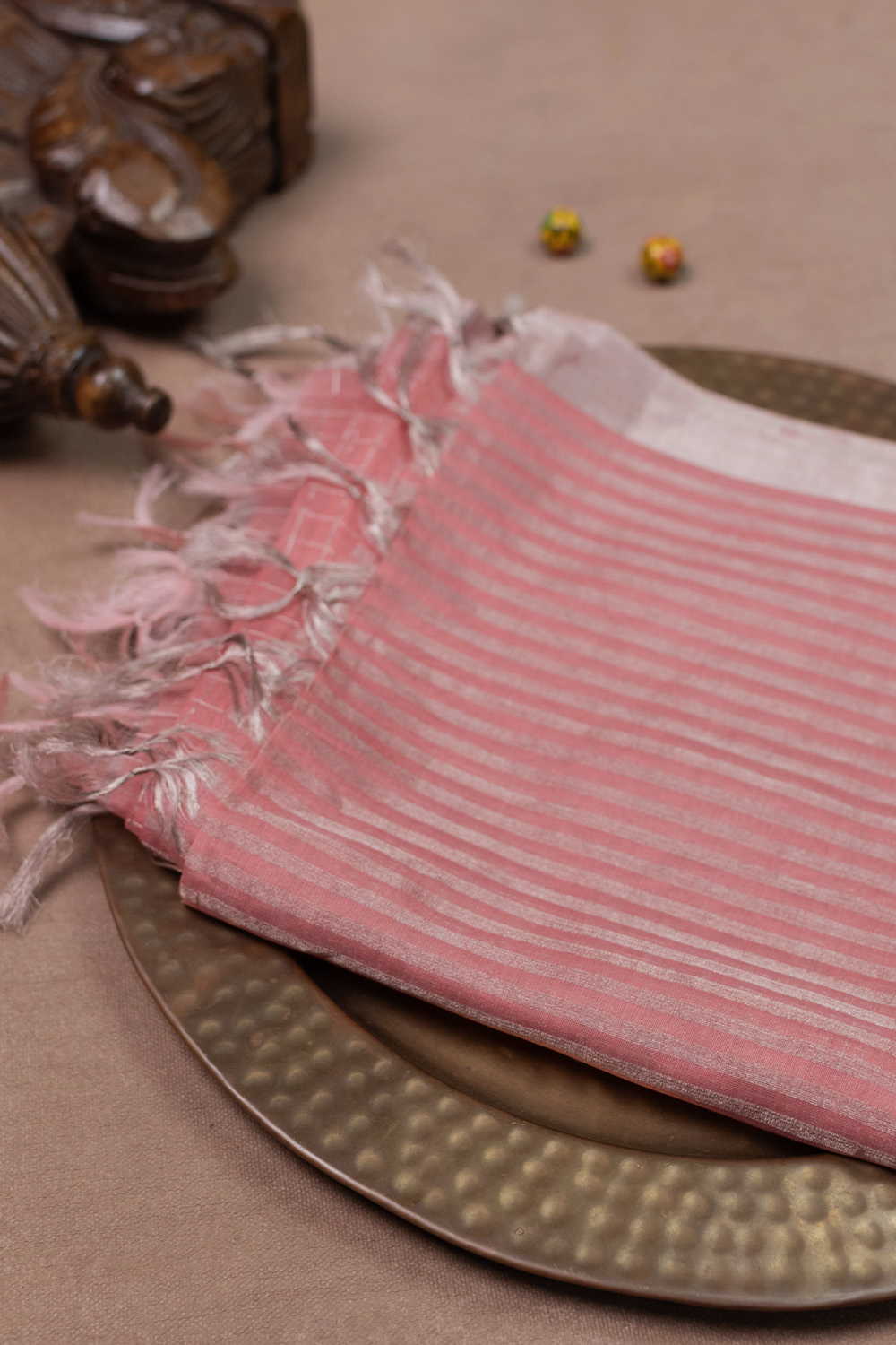 Peach with Zari Stripe & Checks Handwoven Chanderi Dupatta