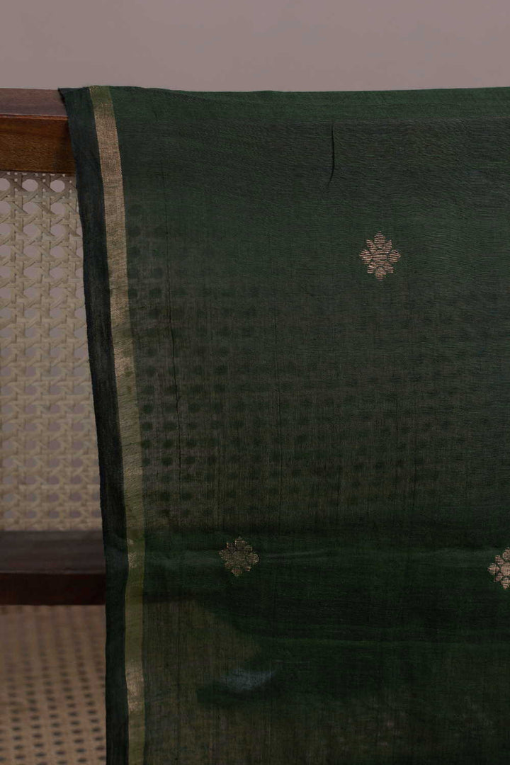 Dark Green with Zari Butta Jamdani Cotton Fabric