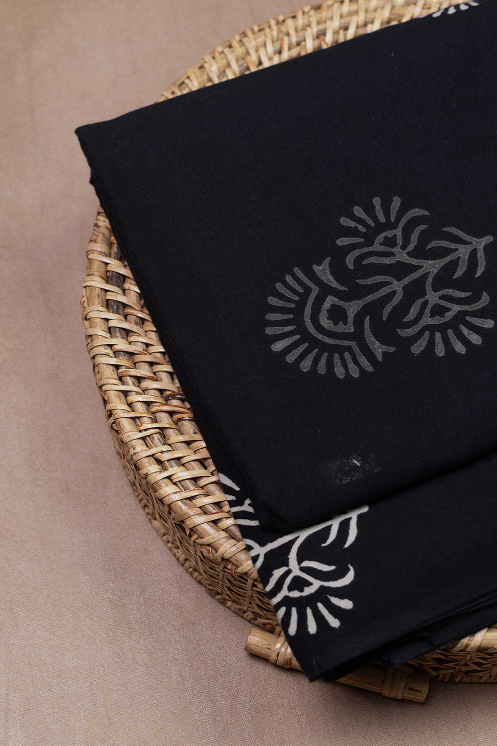 Grey & Cream Butta on Black Bagru Cotton Fabric