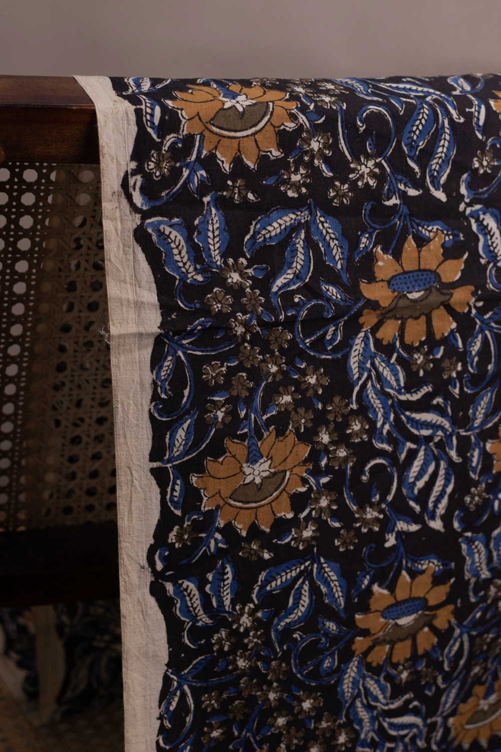 Blossoms on Black Printed kalamkari Cotton Fabric