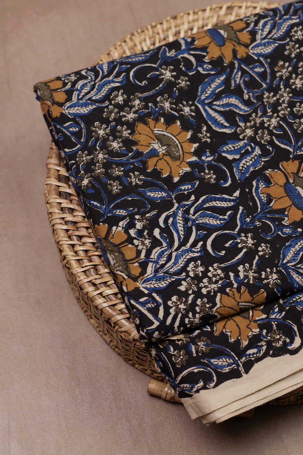 Blossoms on Black Printed kalamkari Cotton Fabric