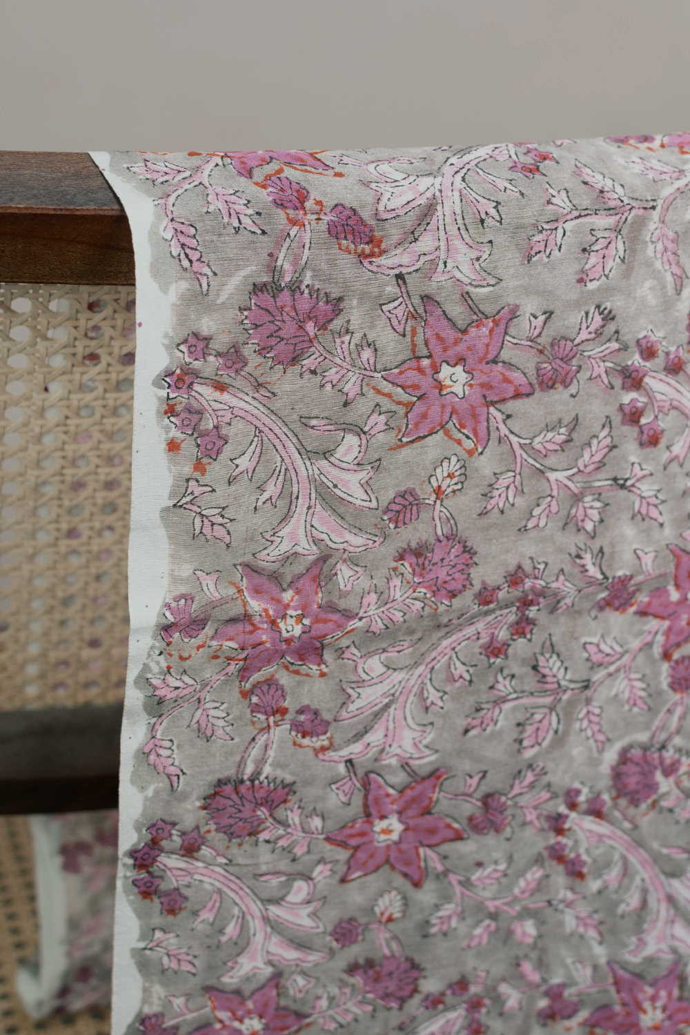 Pink Floral on Green Block Printed Silk Cotton Fabric - 0.5m