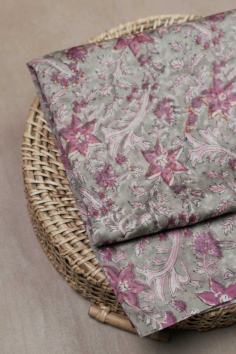 Pink Floral on Green Block Printed Silk Cotton Fabric - 0.5m