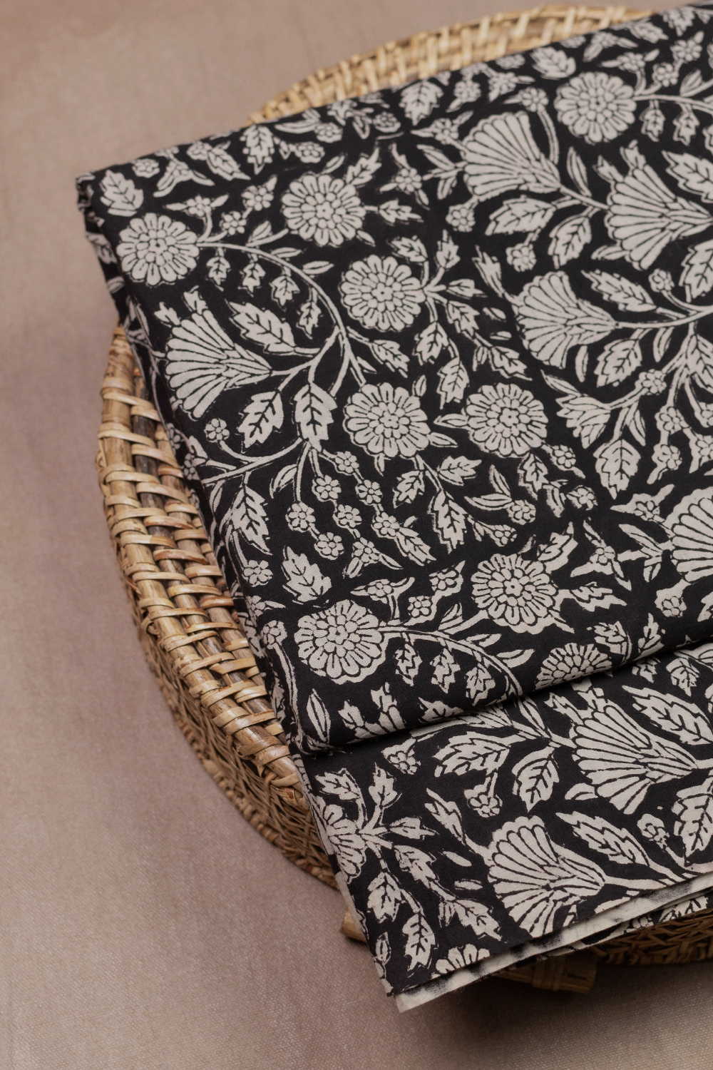Black Floral Garden Bagru Cotton Fabric