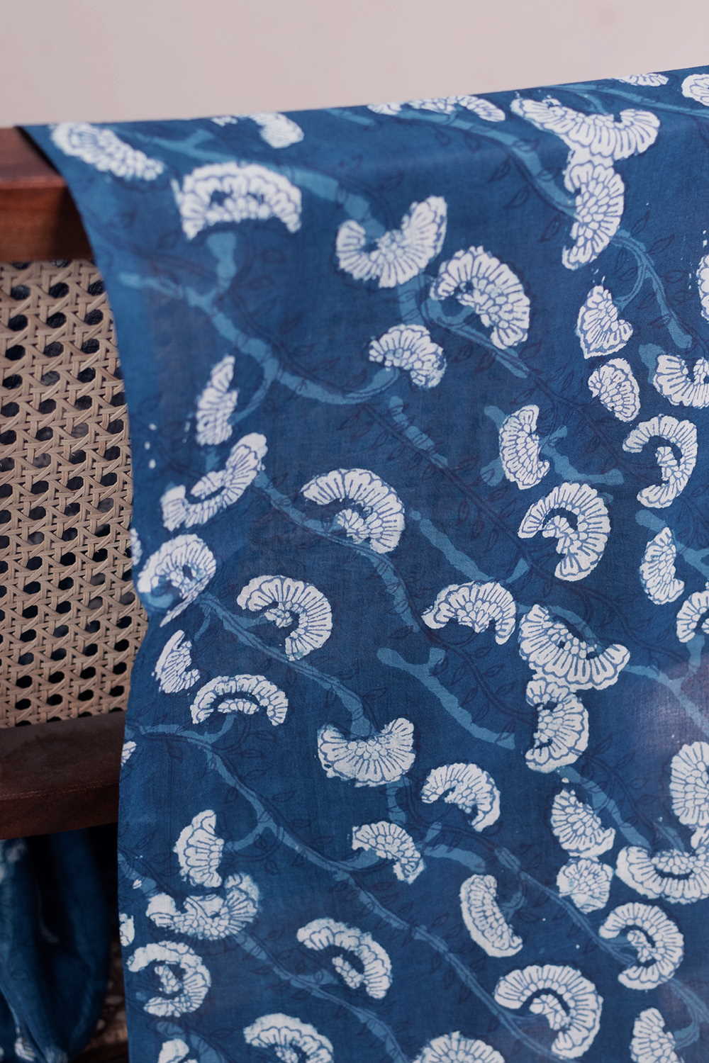 Cream Floral on Indigo Dabu Cotton Fabric