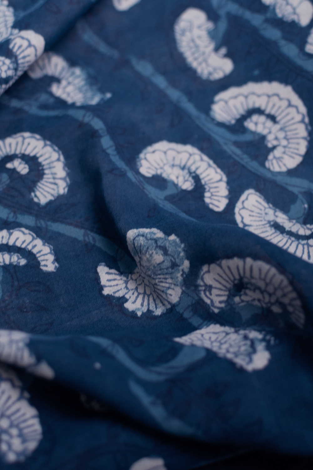Cream Floral on Indigo Dabu Cotton Fabric