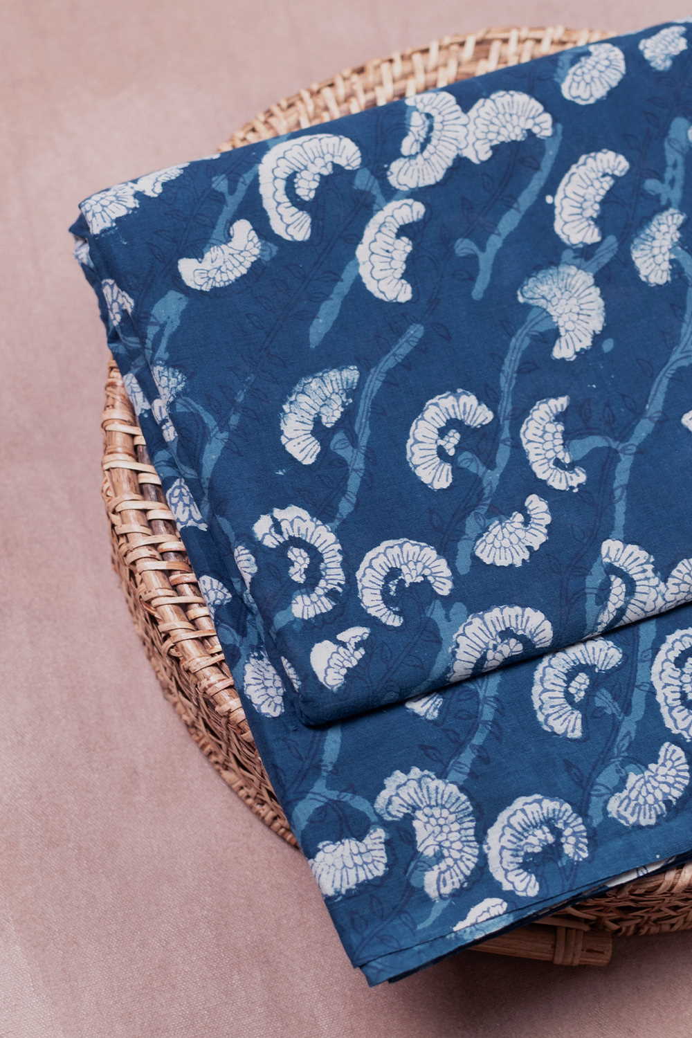 Cream Floral on Indigo Dabu Cotton Fabric