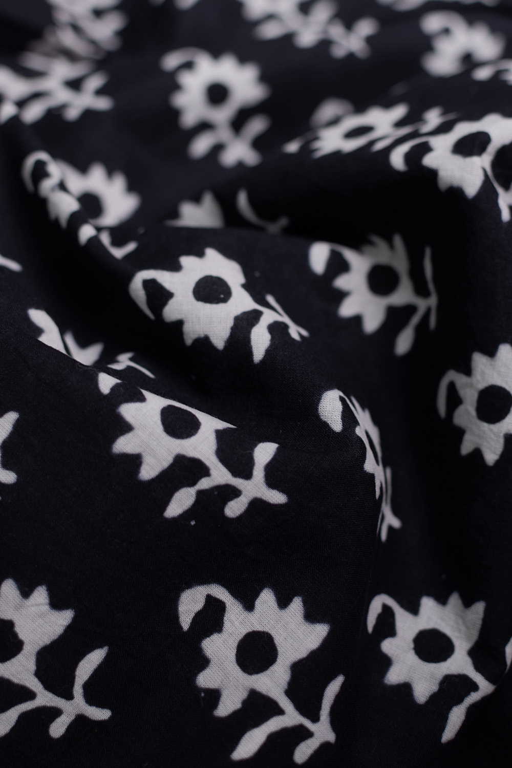 Cream Florets on Black Bagru Cotton Fabric