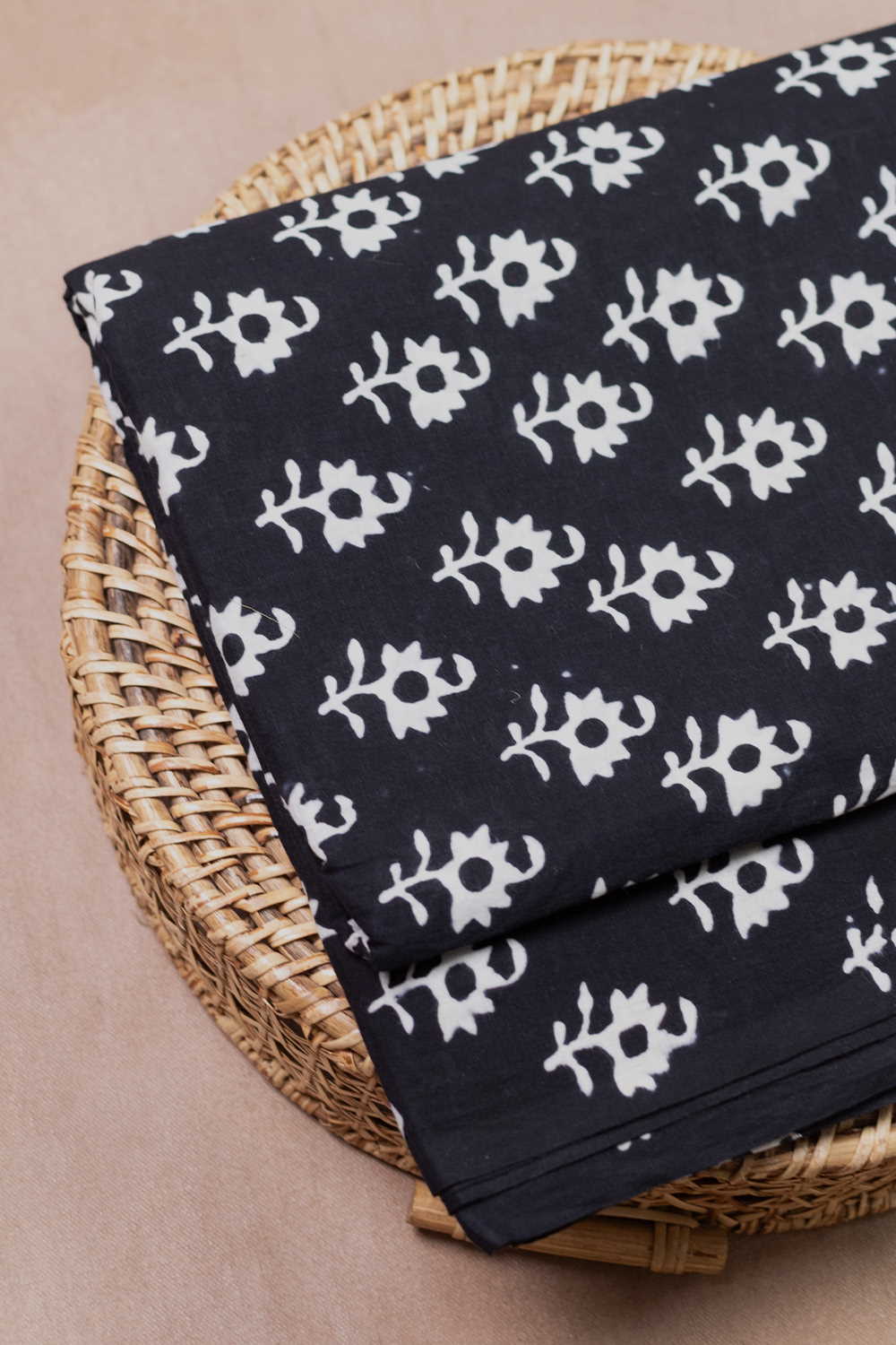 Cream Florets on Black Bagru Cotton Fabric