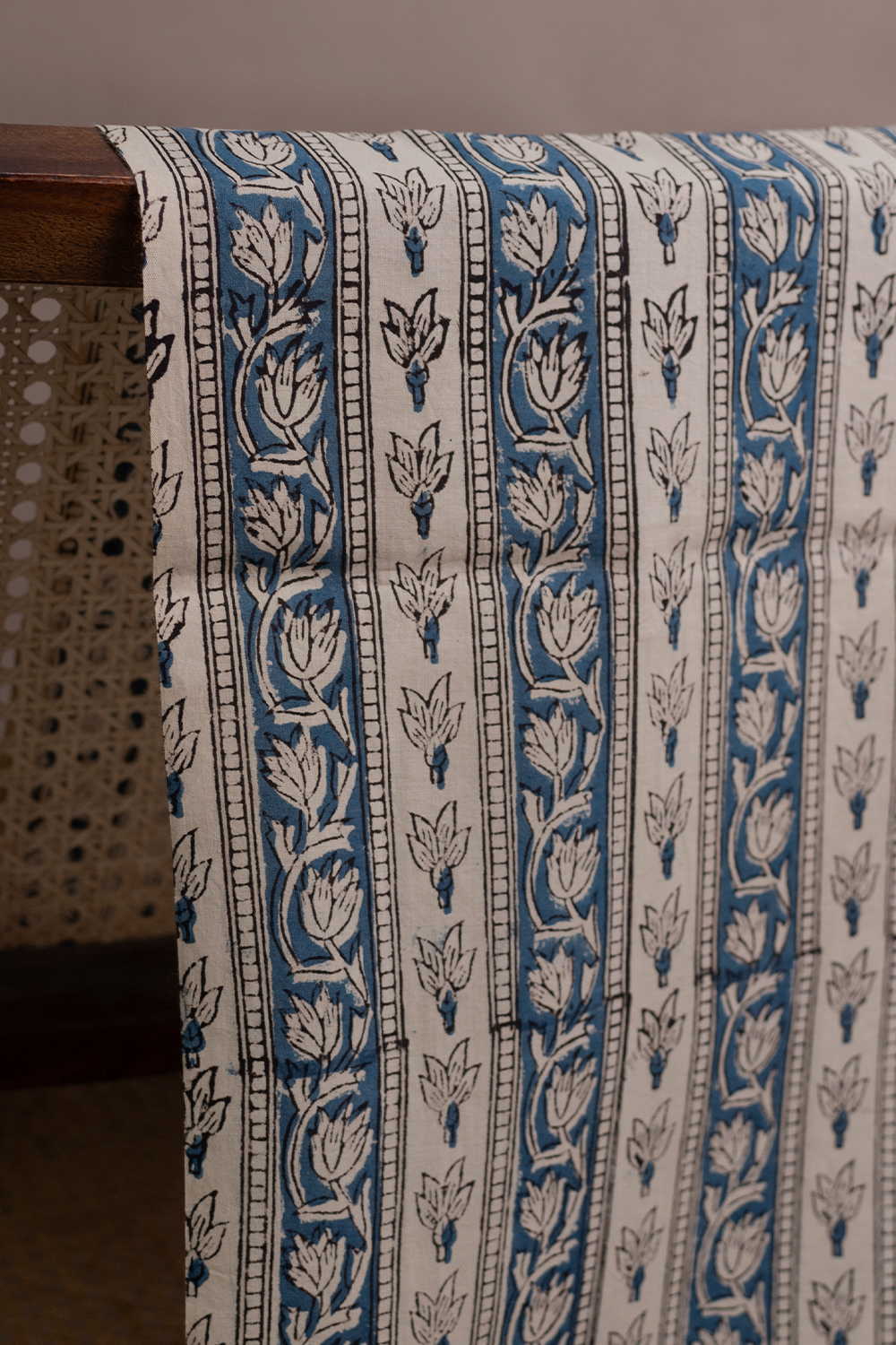 Blue with Cream Floral Design Bagru Cotton Fabric