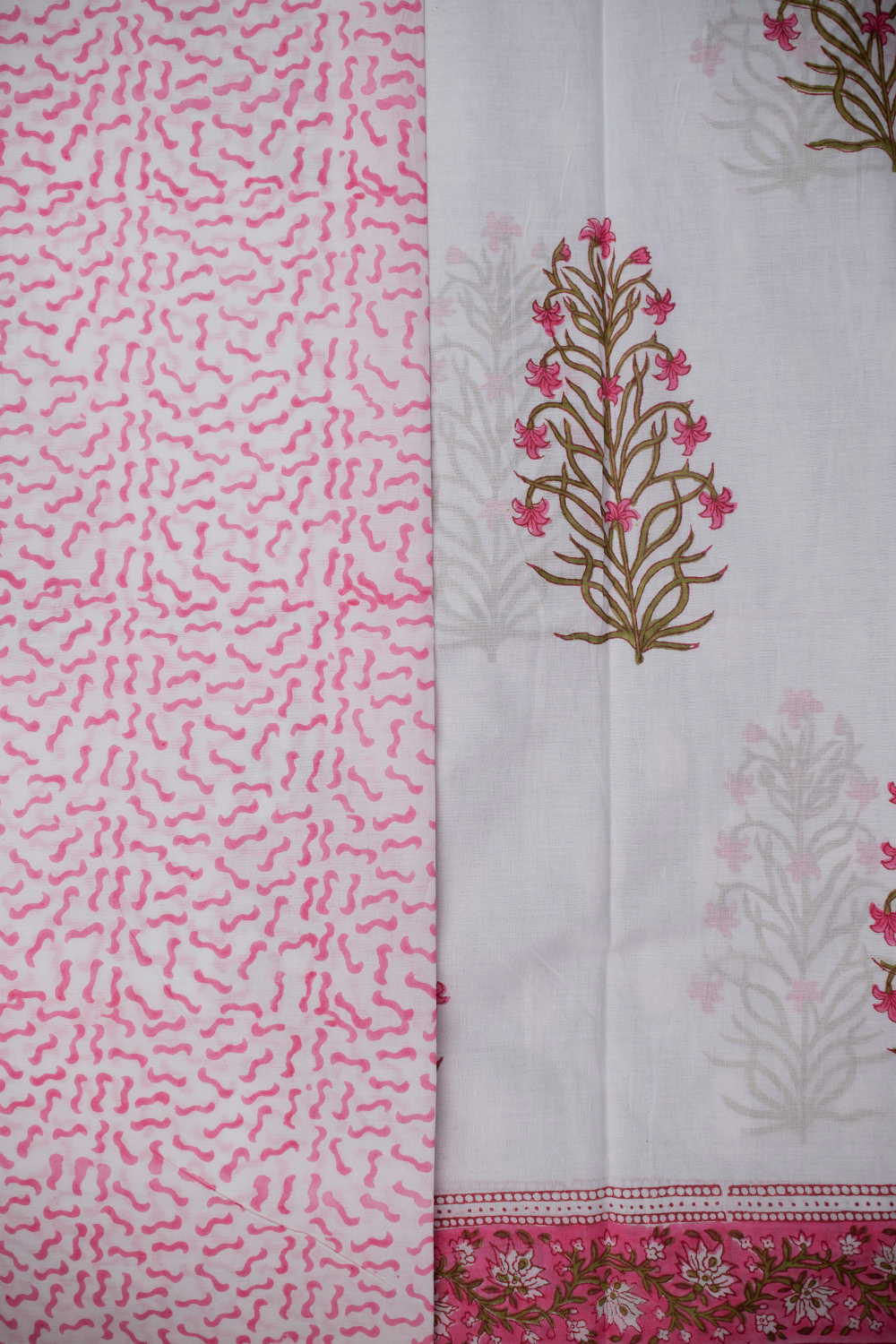 Cream with Pink Border Block Printed Mul Cotton saree