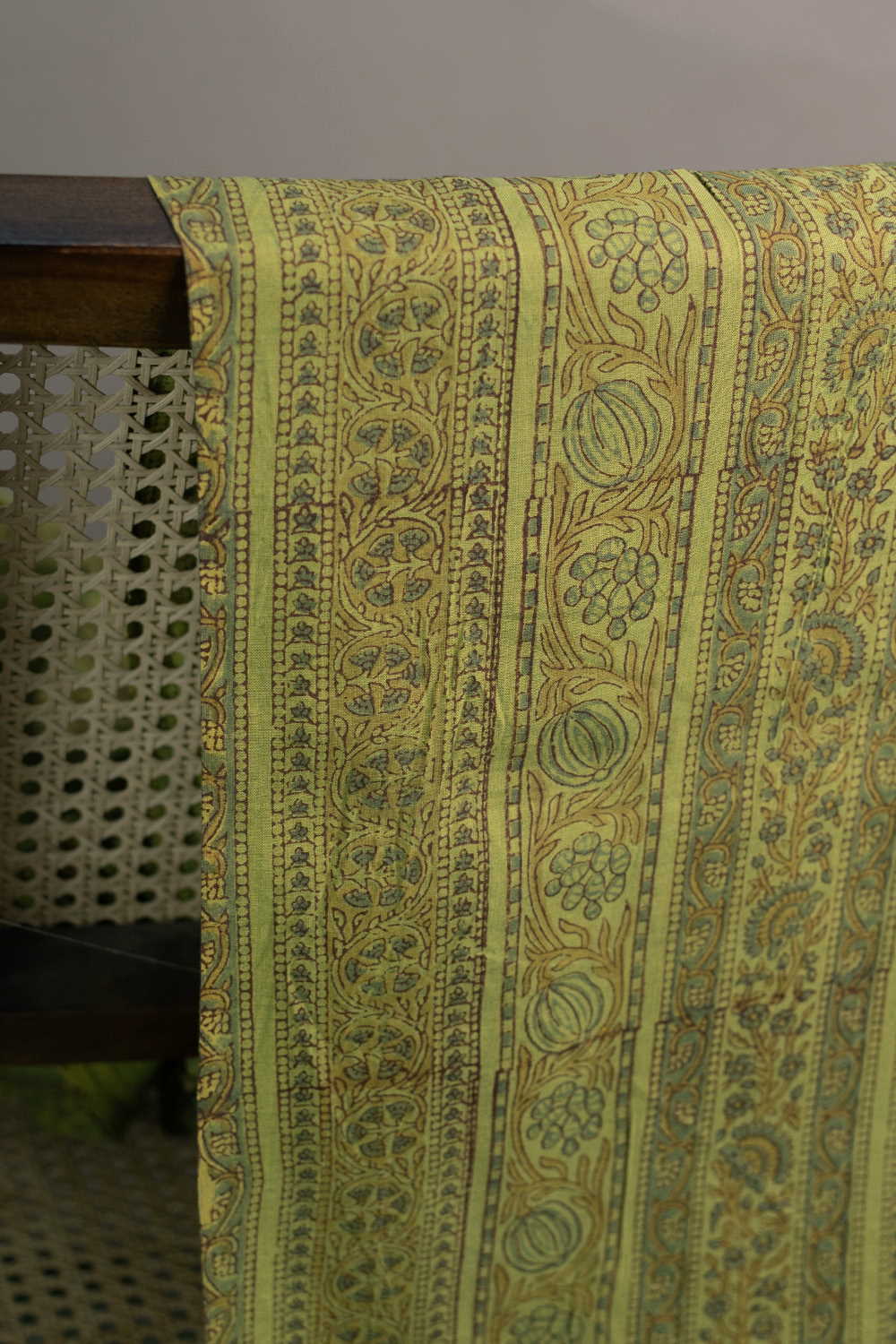 Striped Patterned Green Block Printed Mangalagiri Cotton Fabric - 0.5 M