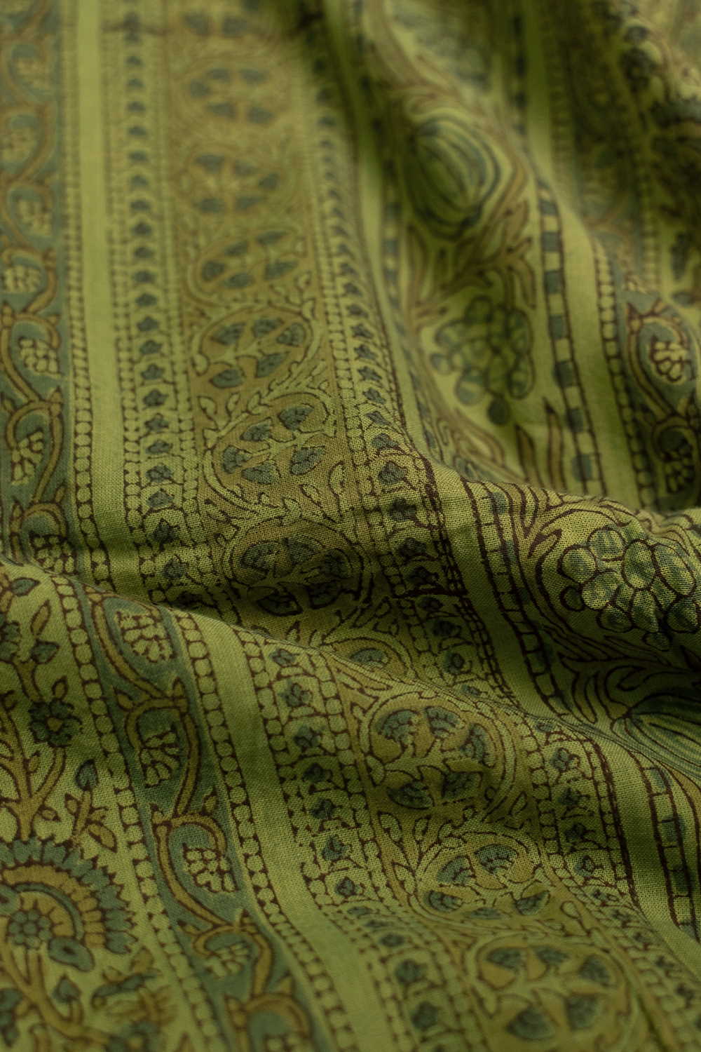 Striped Patterned Green Block Printed Mangalagiri Cotton Fabric - 0.5 M