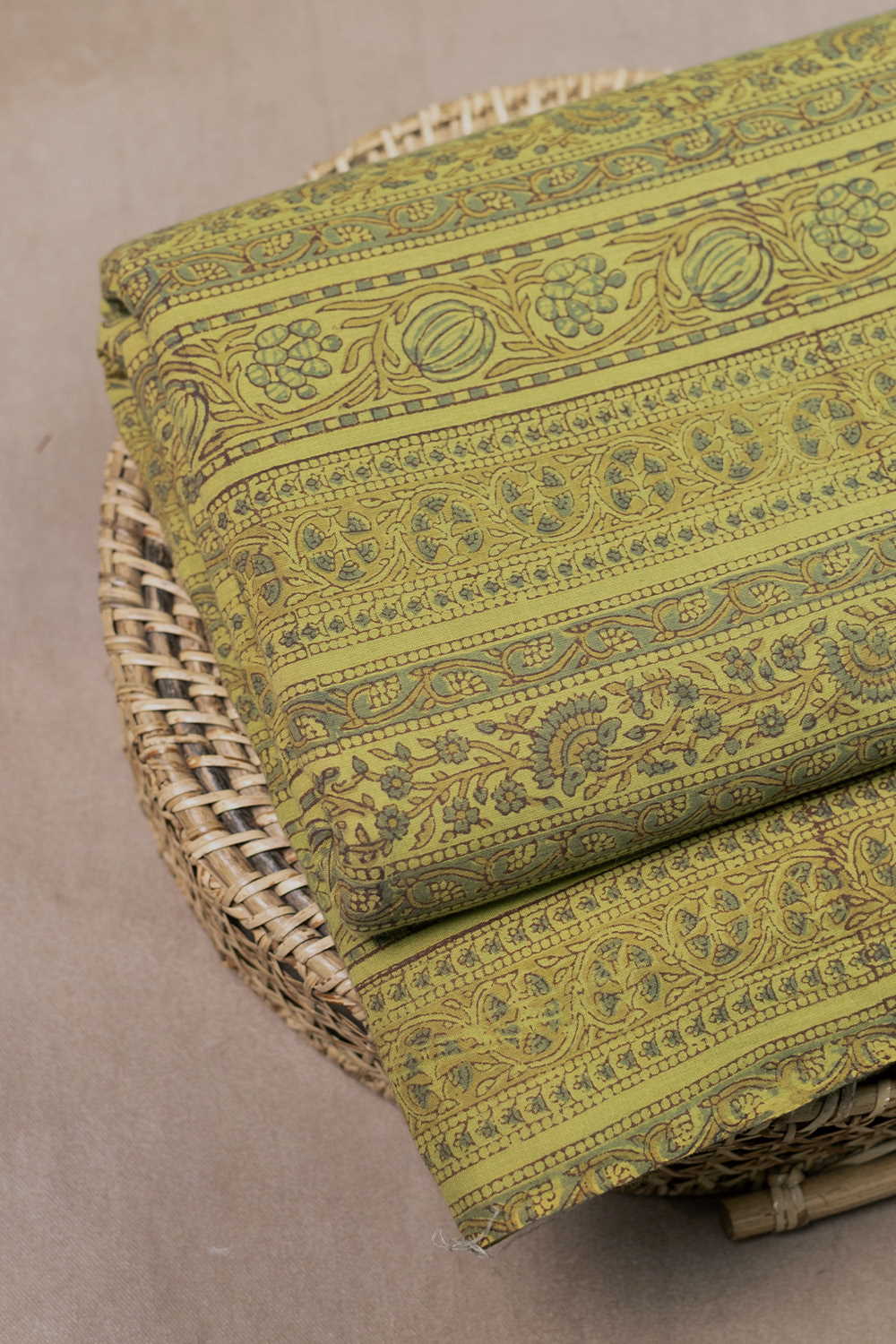 Striped Patterned Green Block Printed Mangalagiri Cotton Fabric - 0.5 M