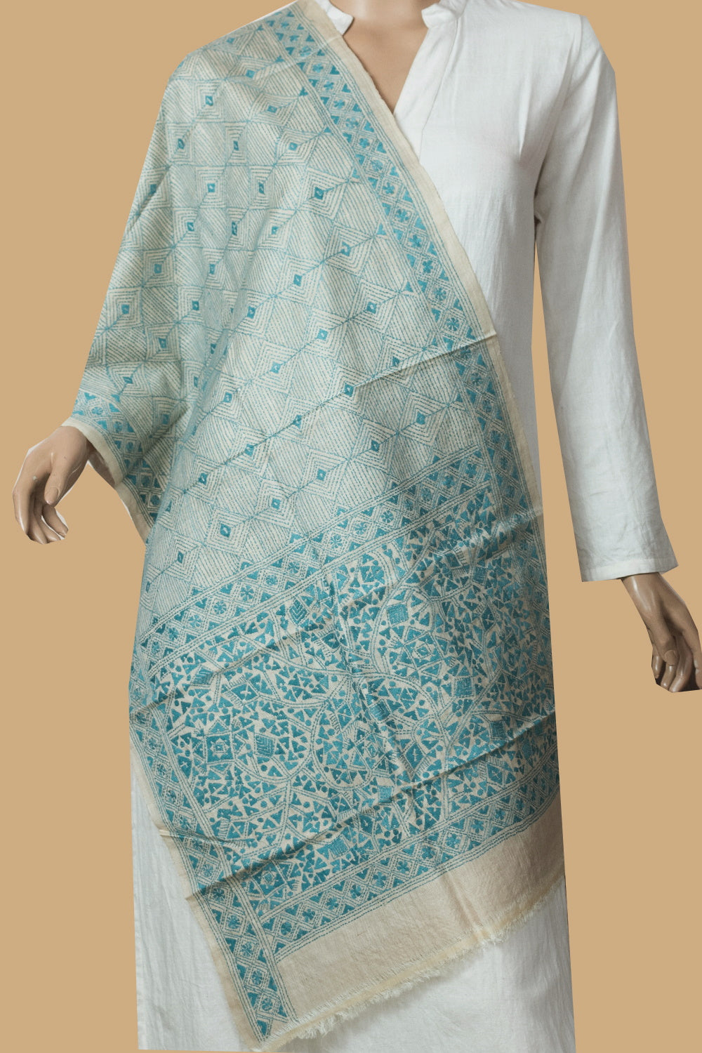 Cream with Blue Patterns Kantha Tussar Stole