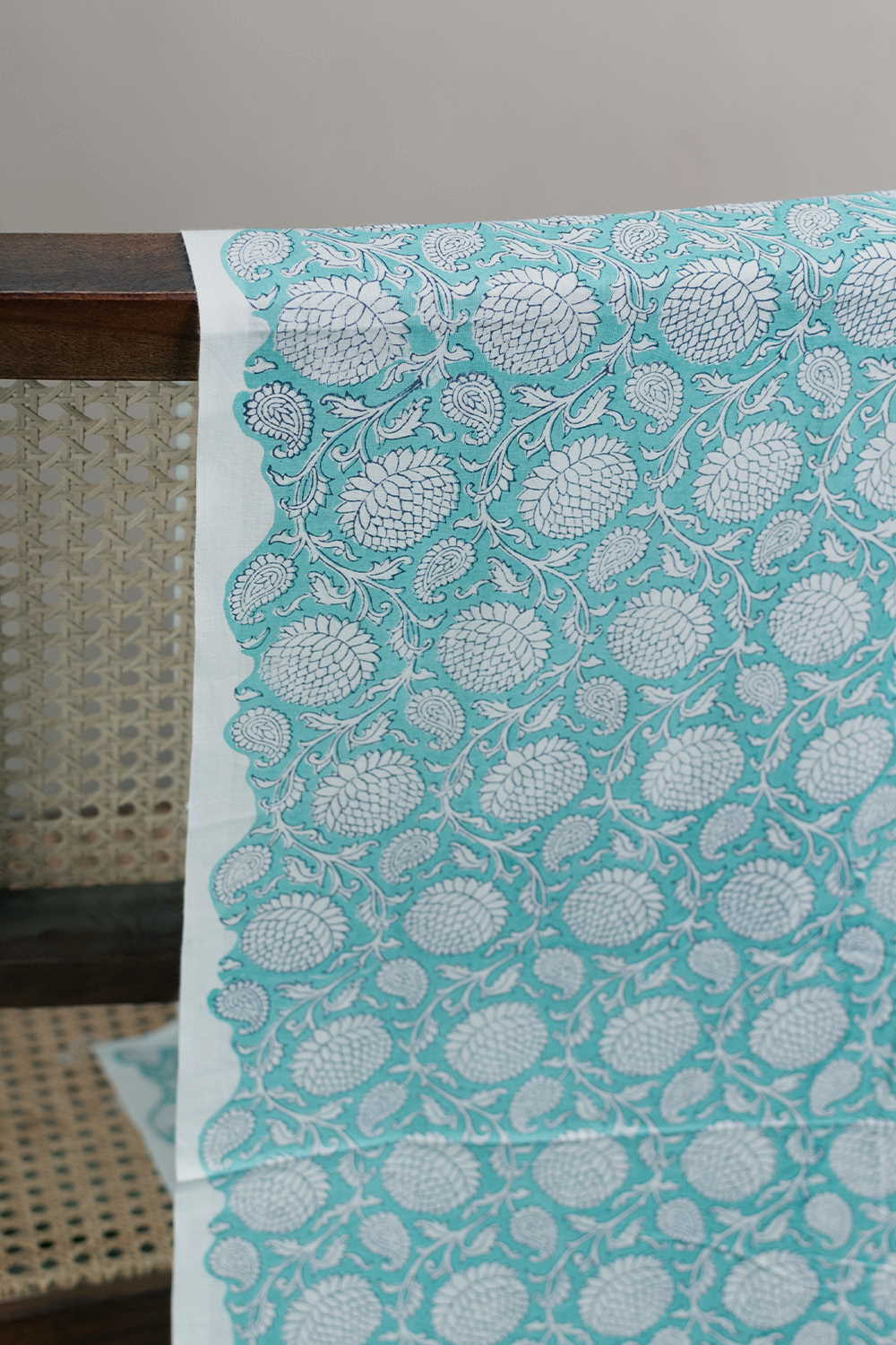 Cream Floral on Blue Sanganeri Cotton Fabric