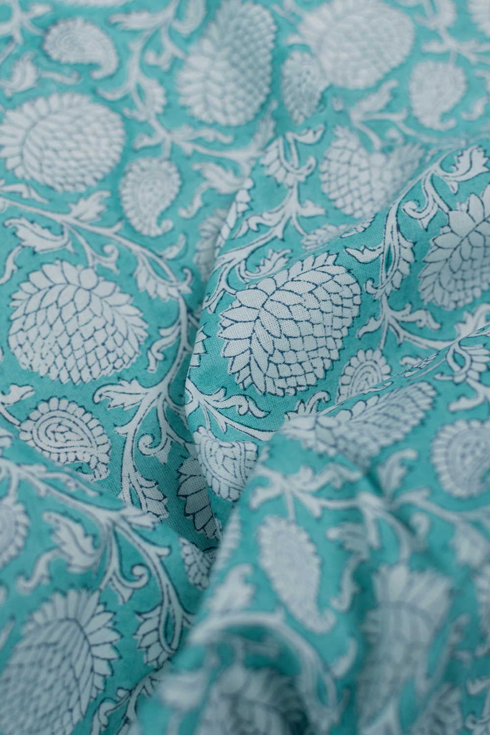 Cream Floral on Blue Sanganeri Cotton Fabric