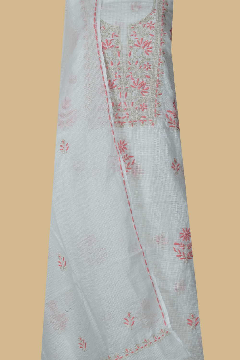 Snow Cream Chikankari Kota Cotton Top & Dupatta