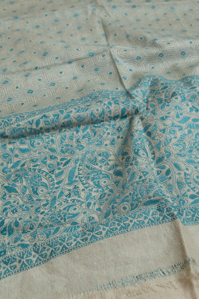 Blue Patterns on Cream Kantha Tussar Stole
