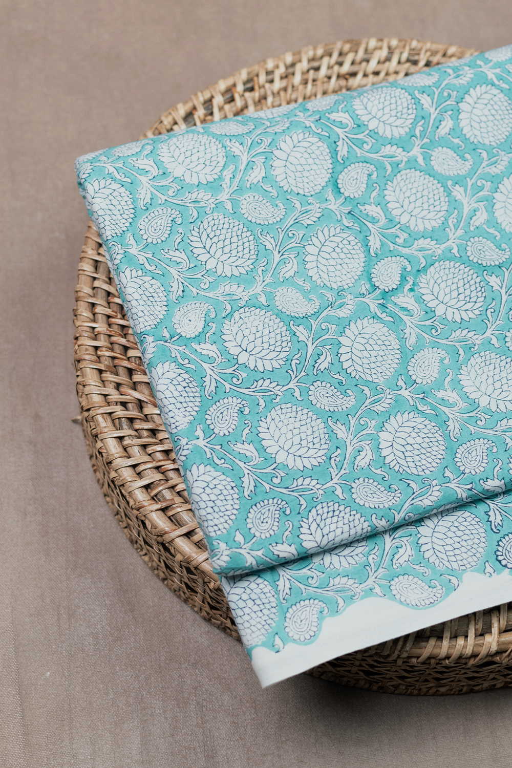 Cream Floral on Blue Sanganeri Cotton Fabric