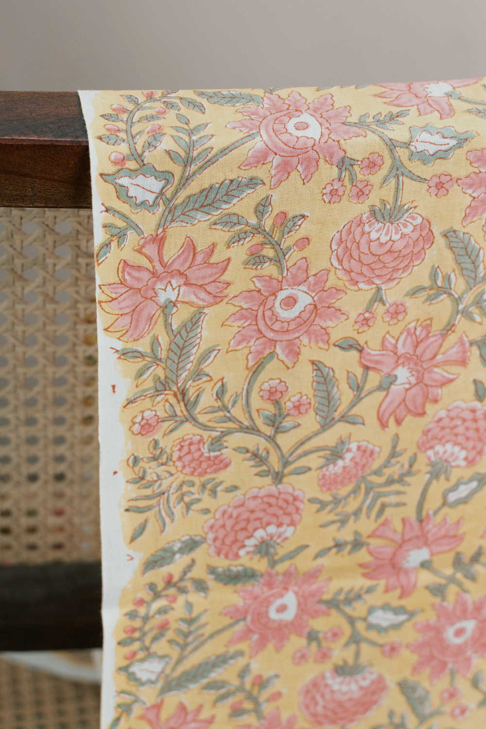 Peach Leafy Floral on Yellow Sanganeri Fabric
