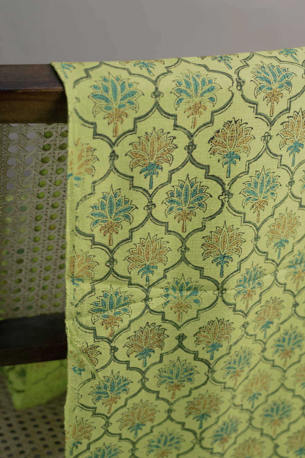 Floral on Green Block Printed Mangalagiri Cotton Fabric