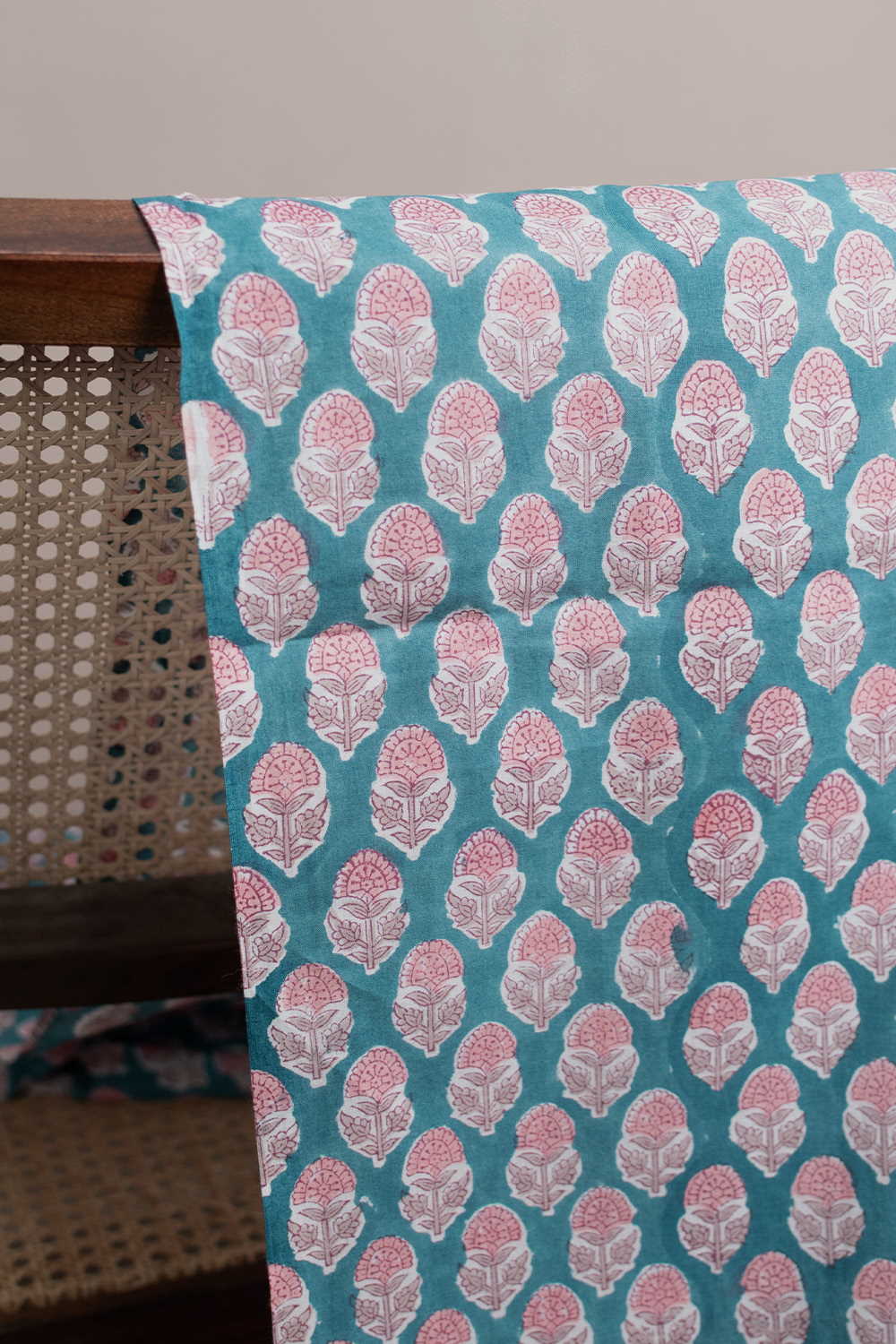 Pink Butta on Green Sanganeri Cotton Fabric-1.35m