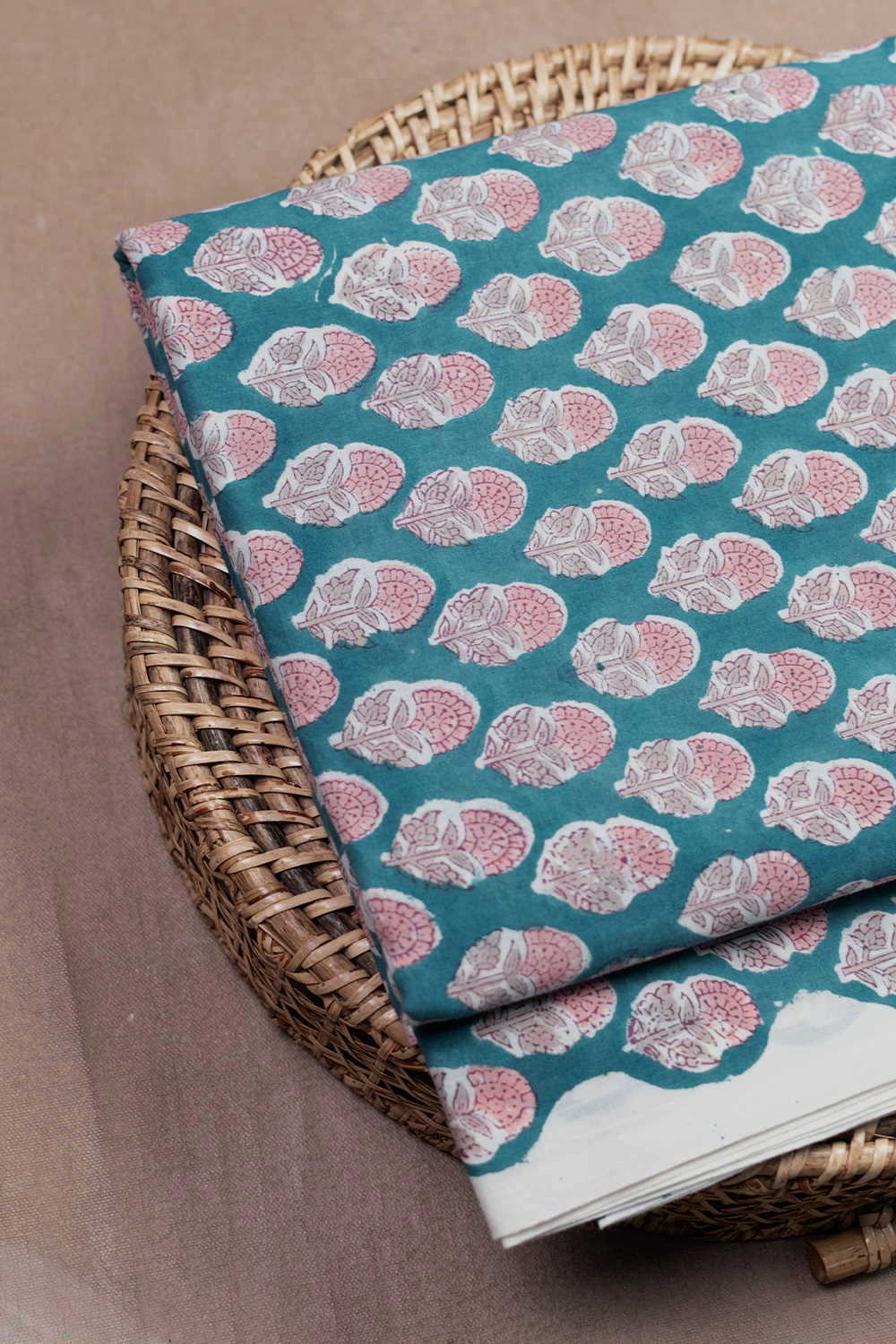Pink Butta on Green Sanganeri Cotton Fabric-1.35m