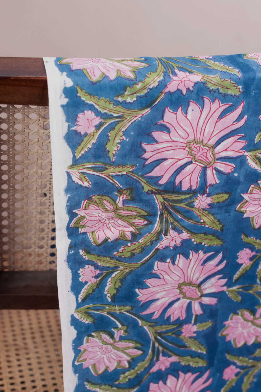 Pink Floral - Blue Sanganeri Cotton Fabric