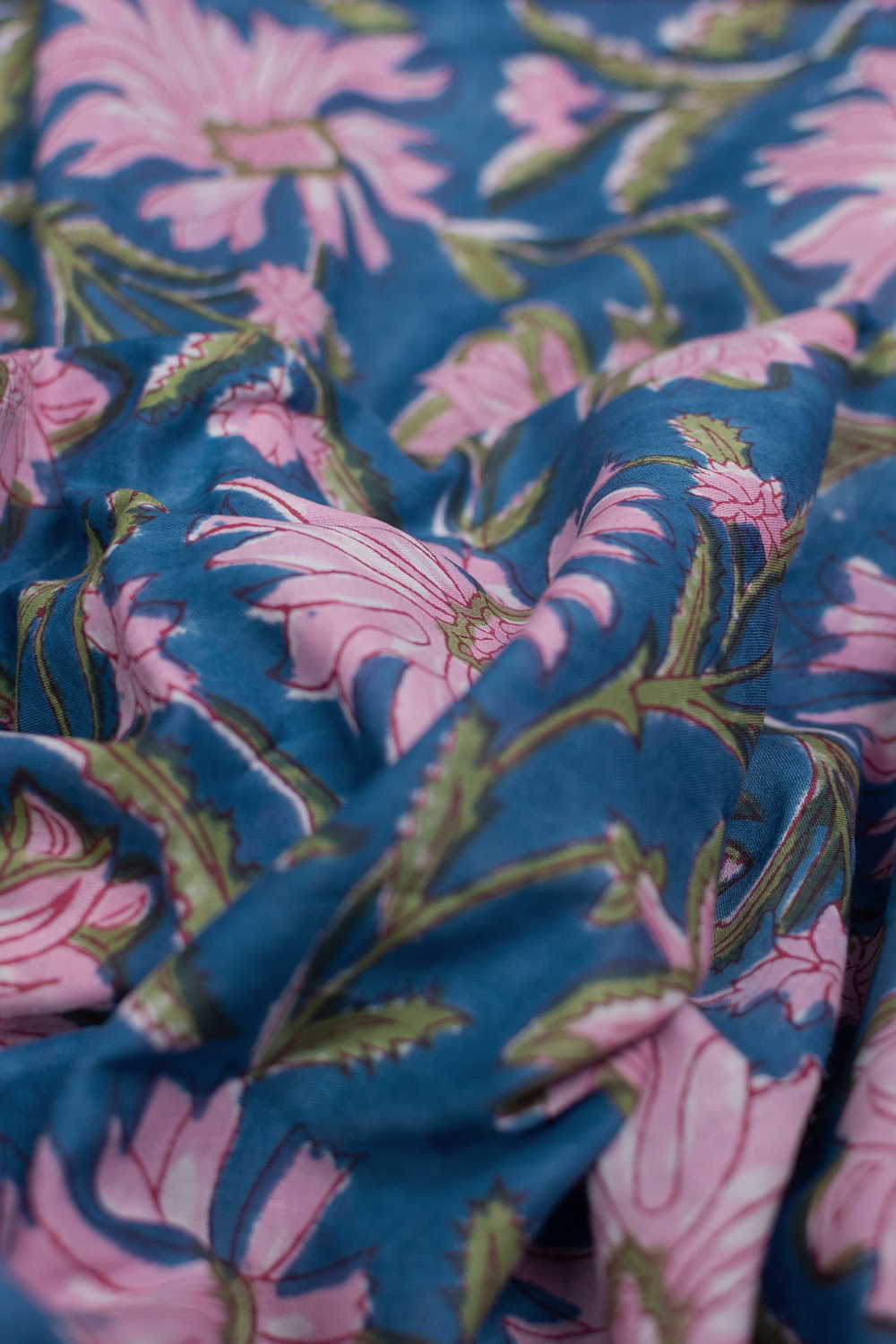 Pink Floral - Blue Sanganeri Cotton Fabric