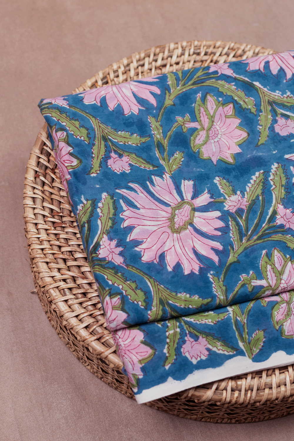 Pink Floral - Blue Sanganeri Cotton Fabric