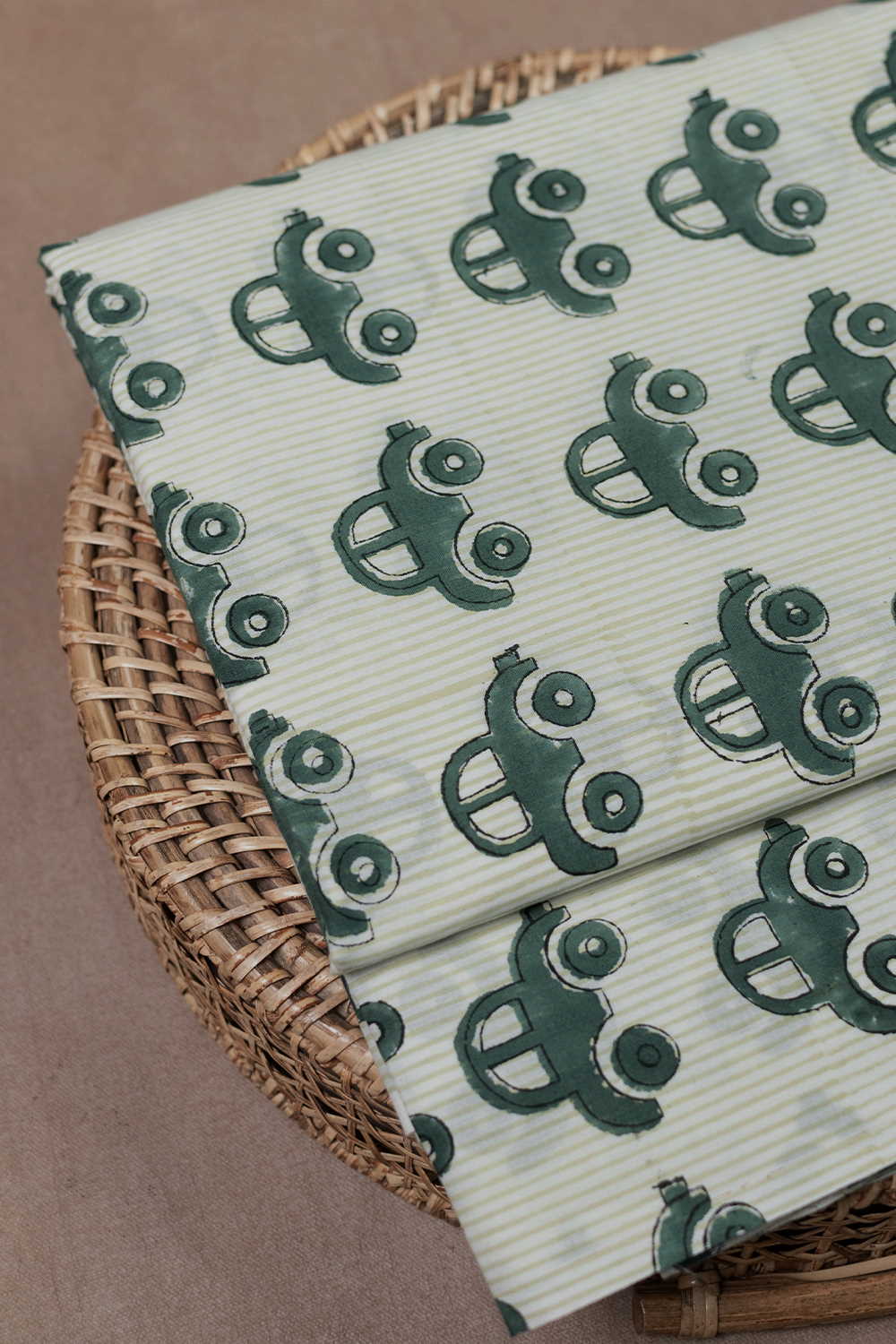Green Car with Striped Sanganeri Cotton Fabric