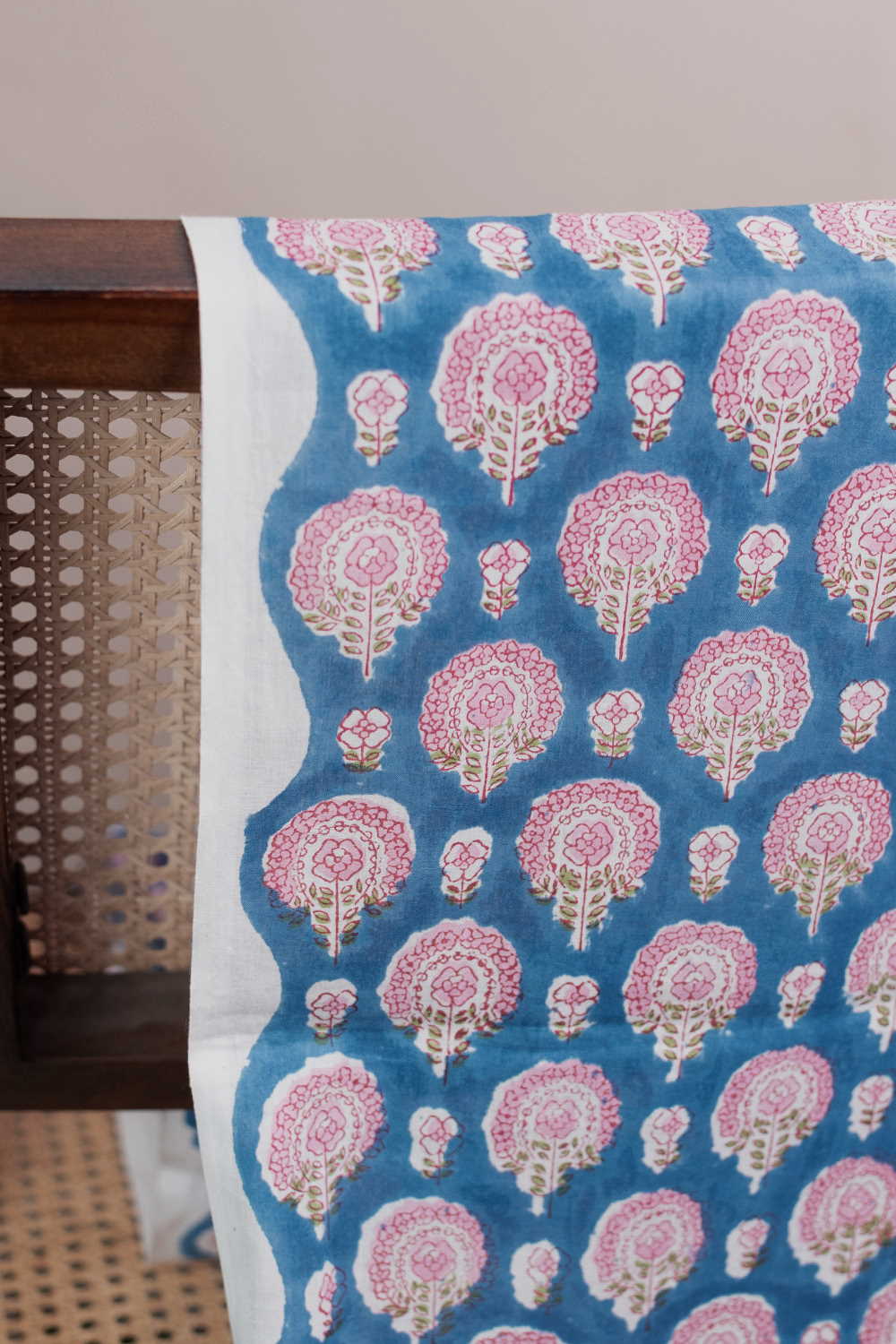 Blue with Pink Motifs Sanganeri Cotton Fabric