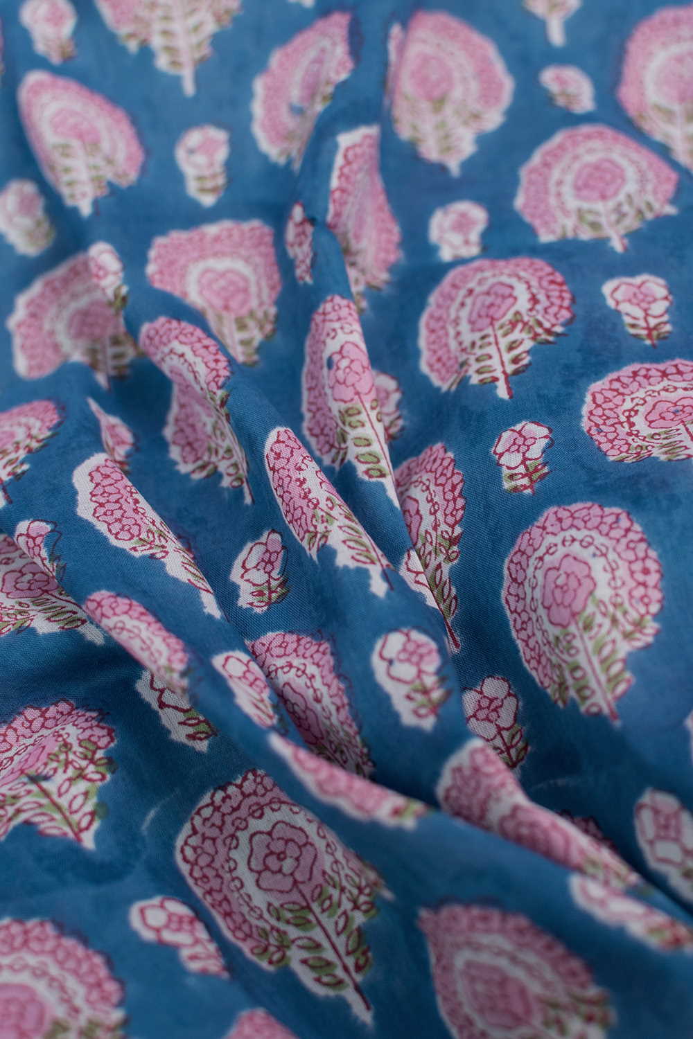 Blue with Pink Motifs Sanganeri Cotton Fabric