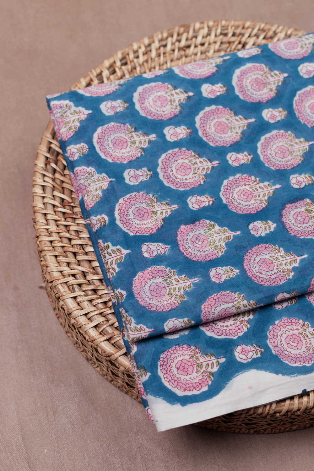 Blue with Pink Motifs Sanganeri Cotton Fabric