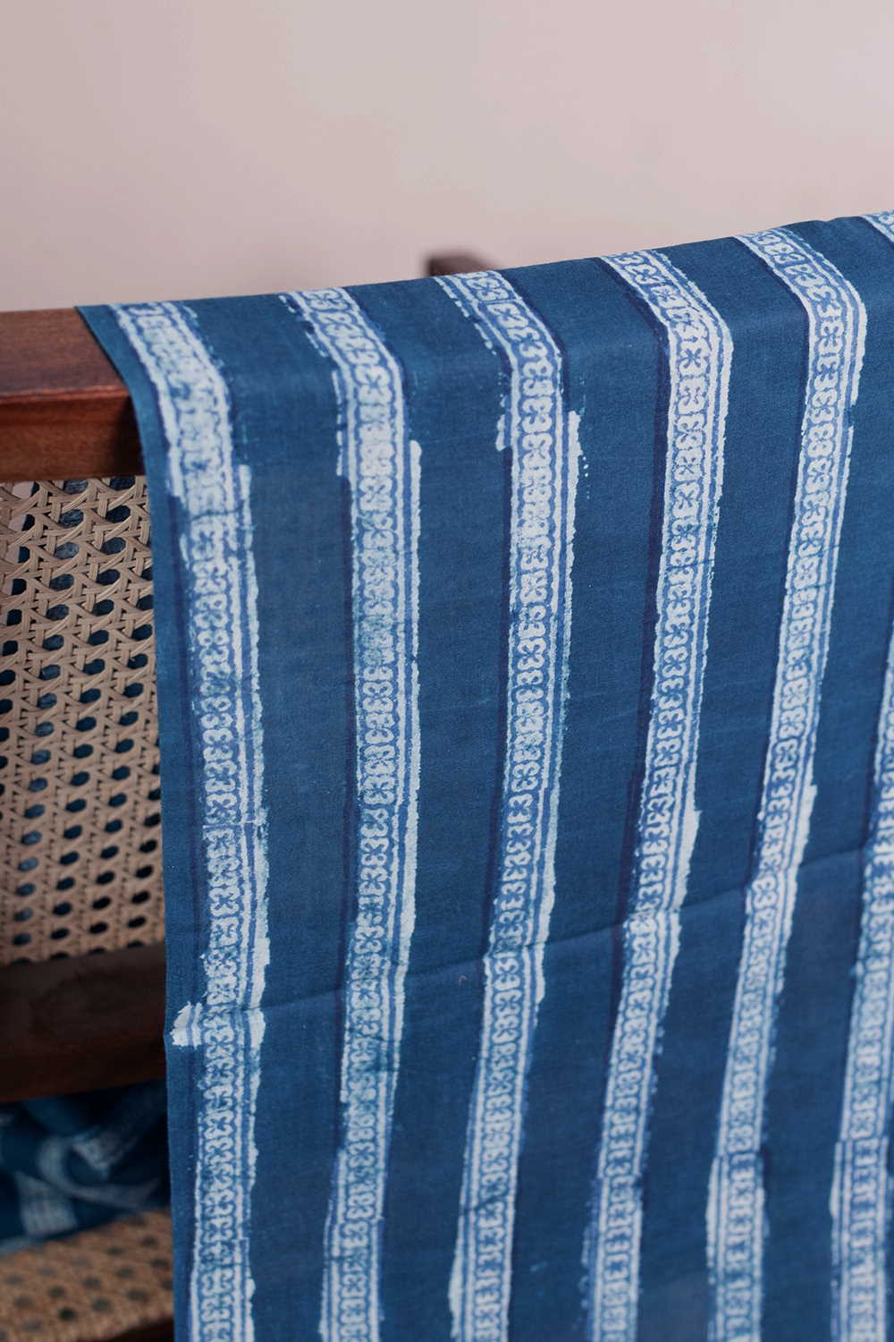 Cream Stripe Pattern - Indigo Dabu Cotton Fabric