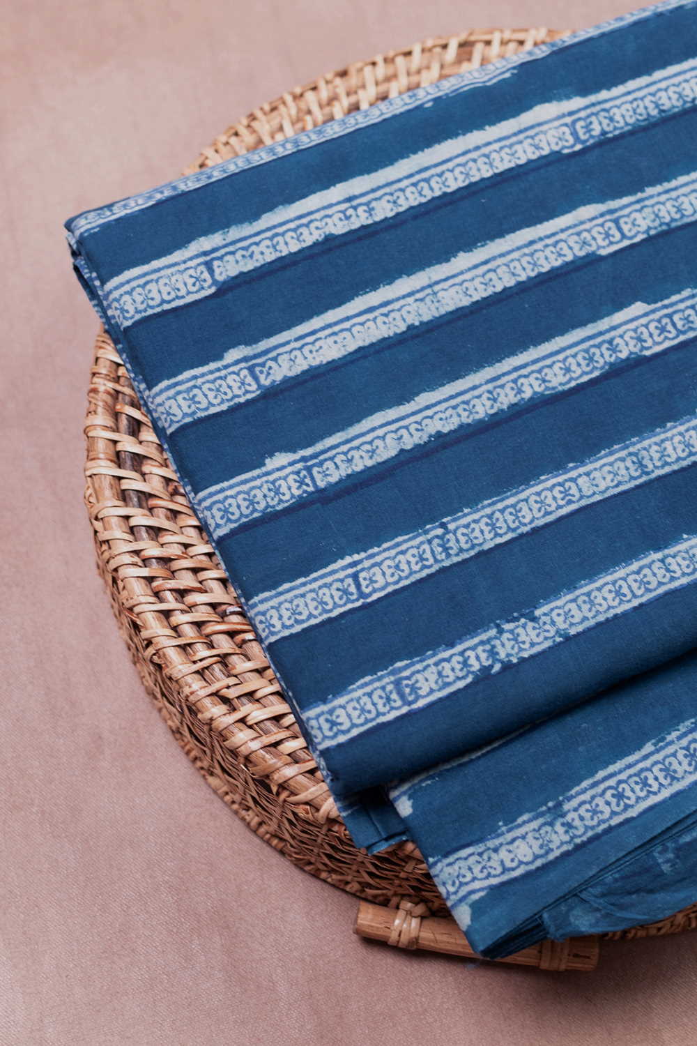 Cream Stripe Pattern - Indigo Dabu Cotton Fabric